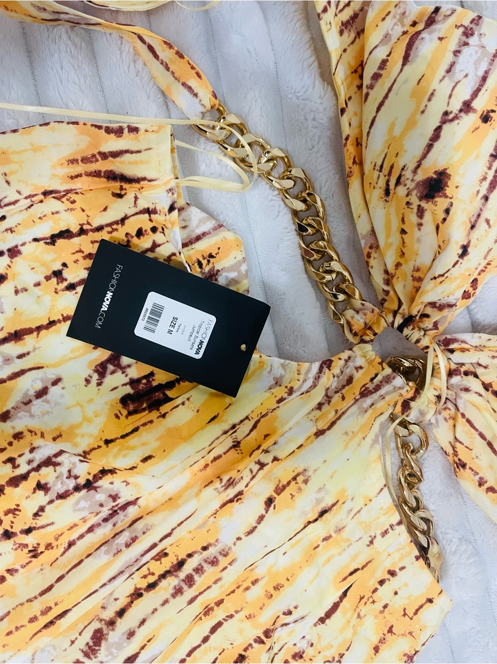 Fashion Nova Yellow Marble Print Jumpsuit With Gold Chain
